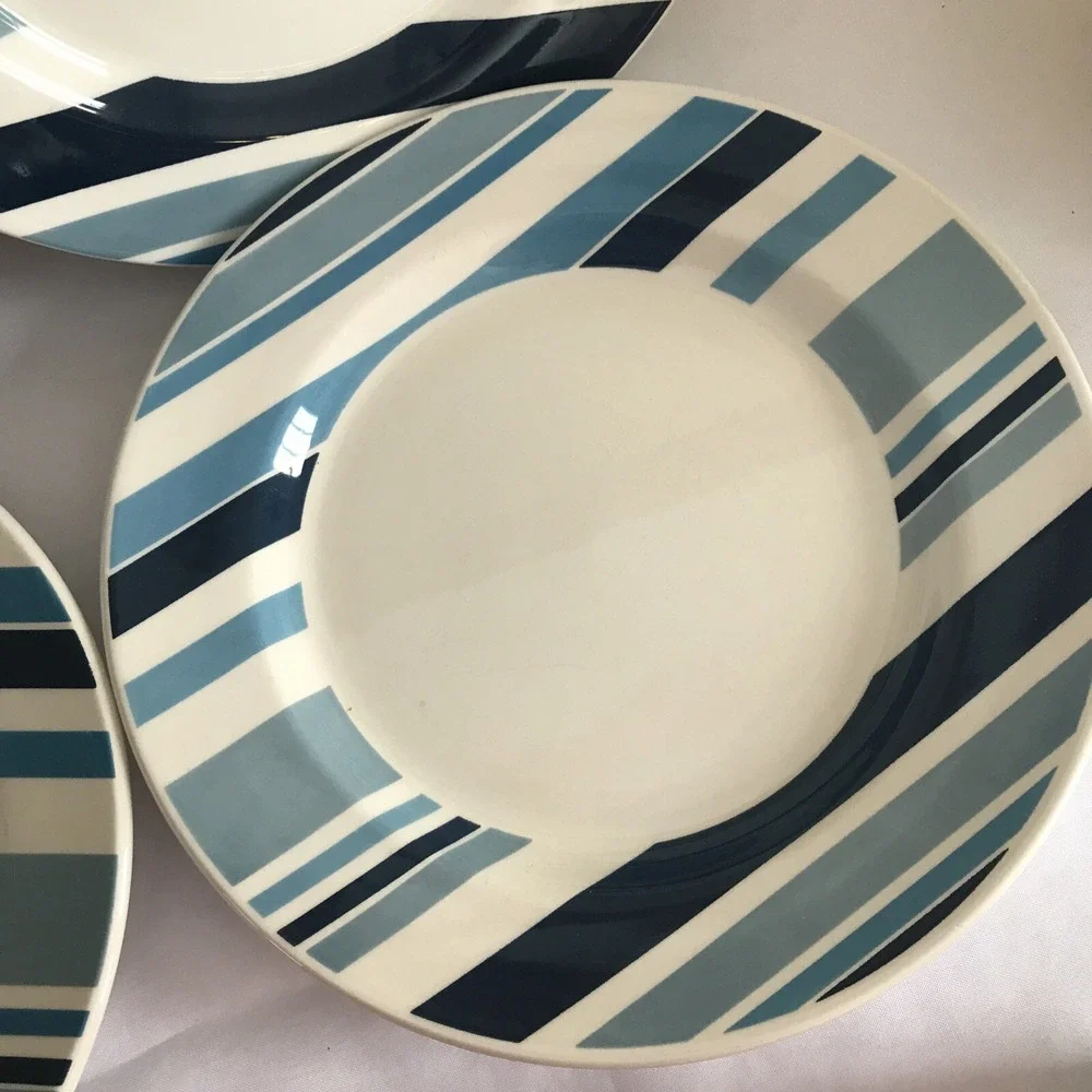 Pier 1 Marea Dinner Blue‎ & White Stripes Earthenware Made in Italy set of 4